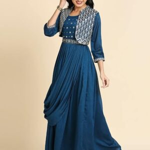 madhuram Women's Long Gown for Solid Silk with Heavy Embroidery and Hand Work Belt and Jacket with Round Neck Gown(M-2424)