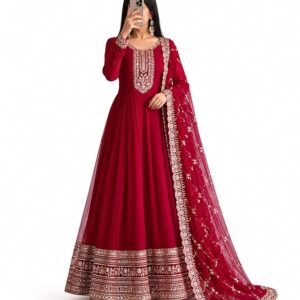 Fashion Weavers Miss Ethnic Hub's Traditional Anarkali Gown with Dupatta, Golden Zari Embroidered, Long Sleeves, Women