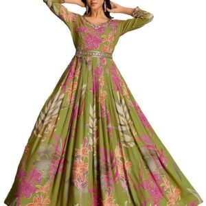 madhuram textiles Women's Rayon Print with Hand Embroidery Work Anarkali Long Gown(M-2543)